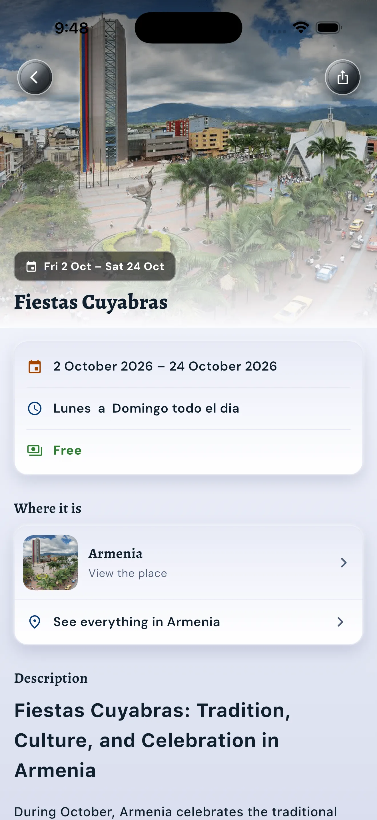 Event details for Fiestas Cuyabras in the Quindío es Mío app, in English, light mode.