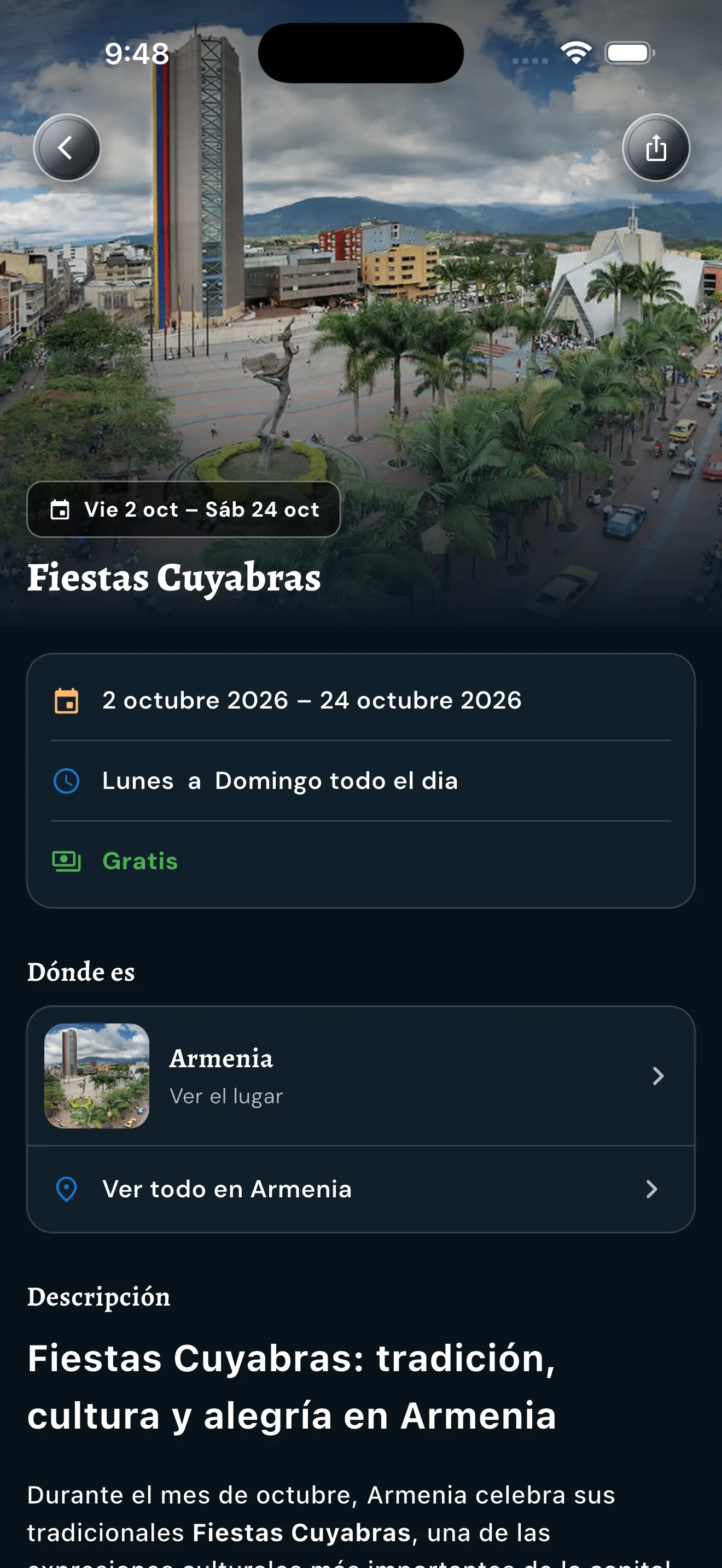 Ficha del evento Fiestas Cuyabras en la app Quindío es Mío, en español, modo oscuro.