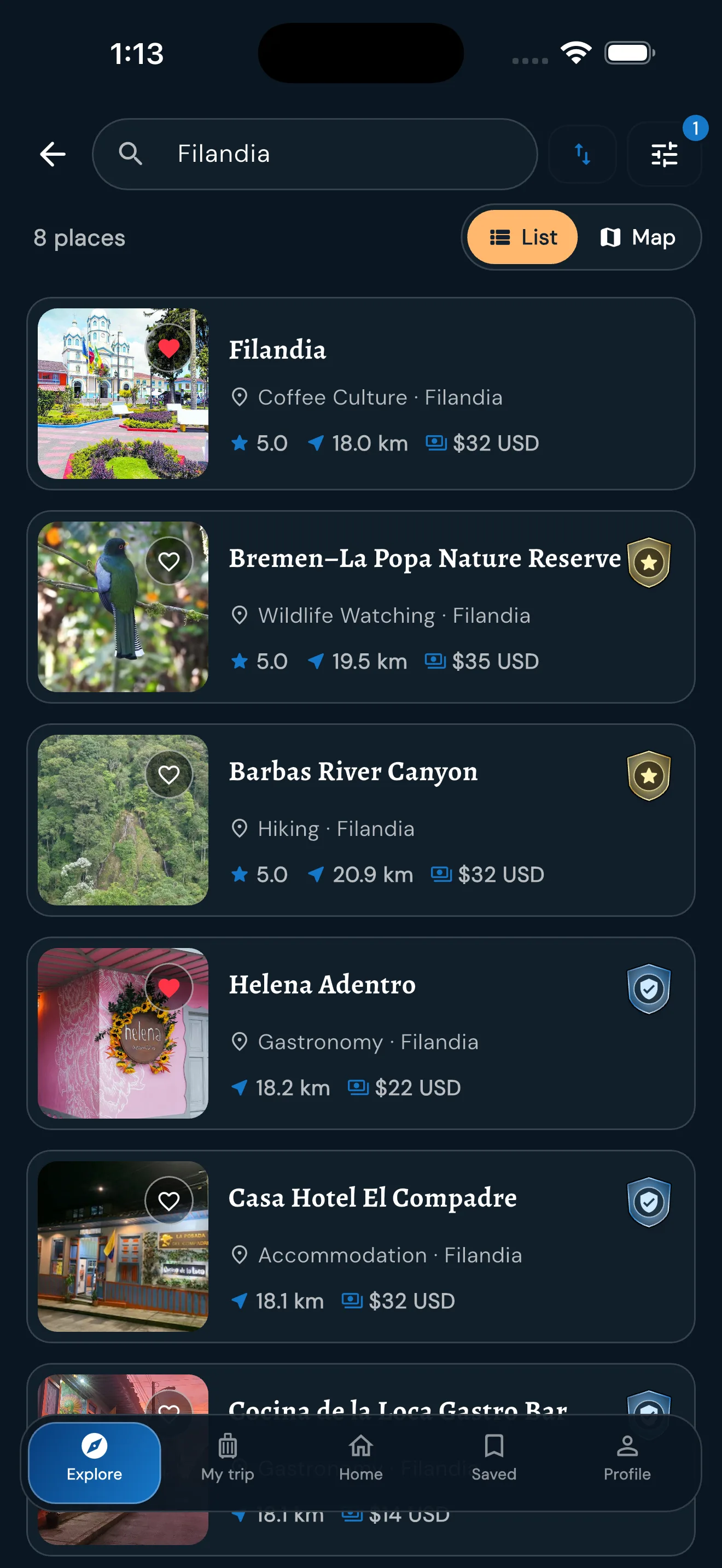 Explore list and map with Filandia search results and Cocora Valley selected