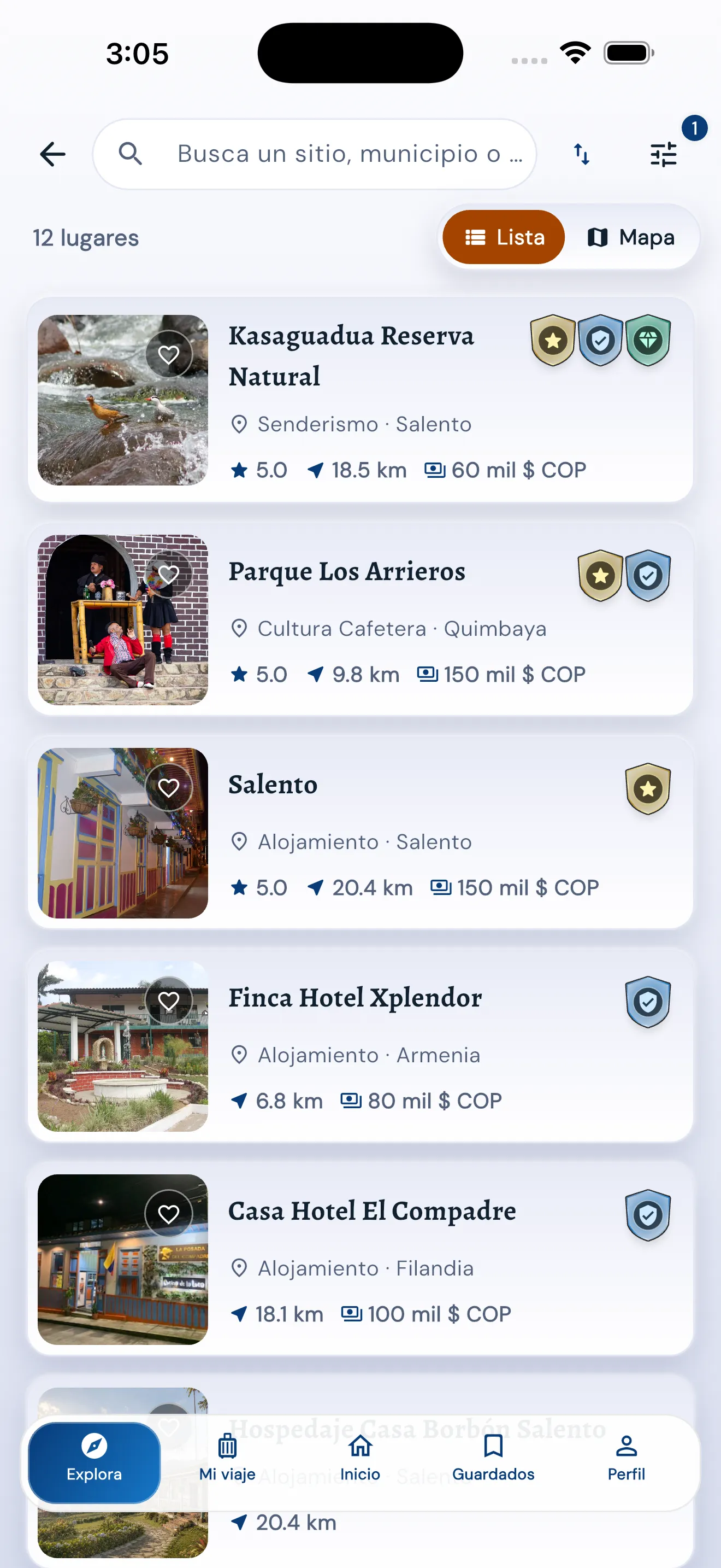 Vistas de lista y mapa de Explora con resultados y Valle de Cocora seleccionado