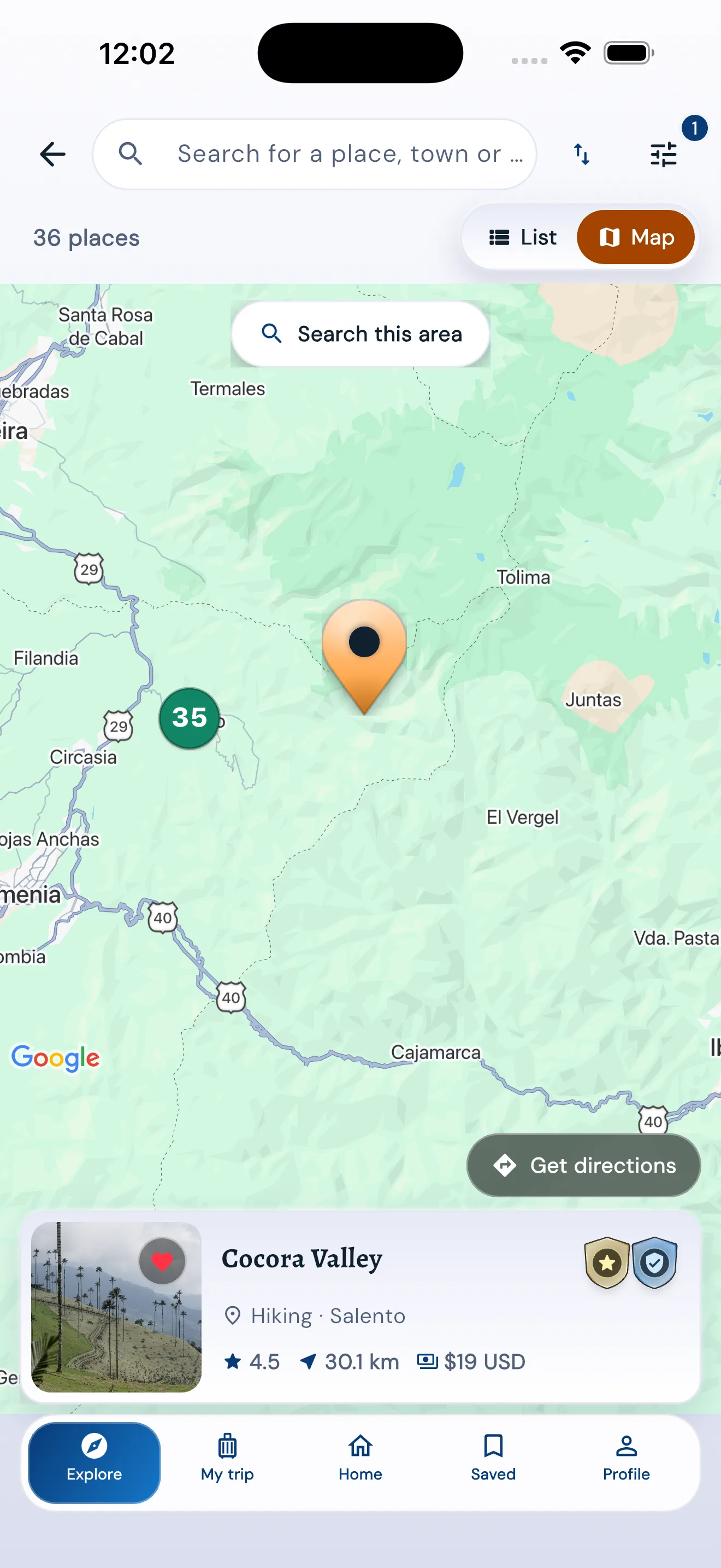 Explore list and map with Filandia search results and Cocora Valley selected