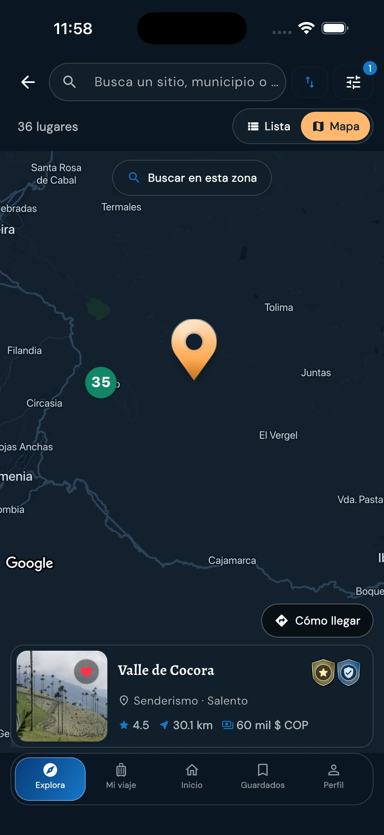 Vistas de lista y mapa de Explora con resultados y Valle de Cocora seleccionado
