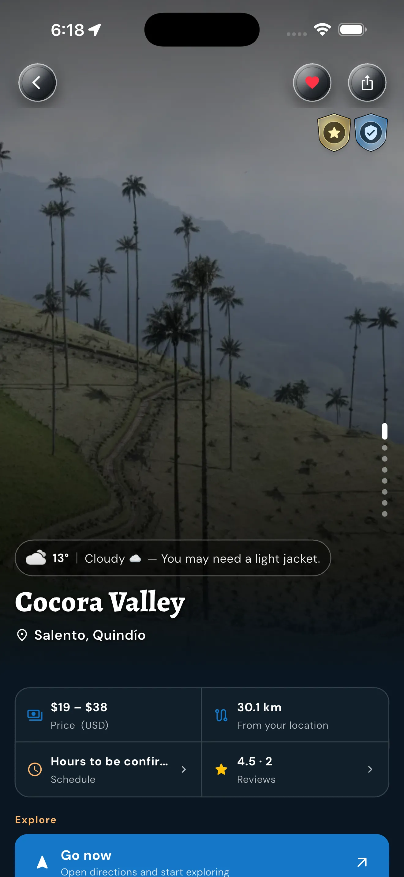 A tourist place profile in the Quindío es Mío app
