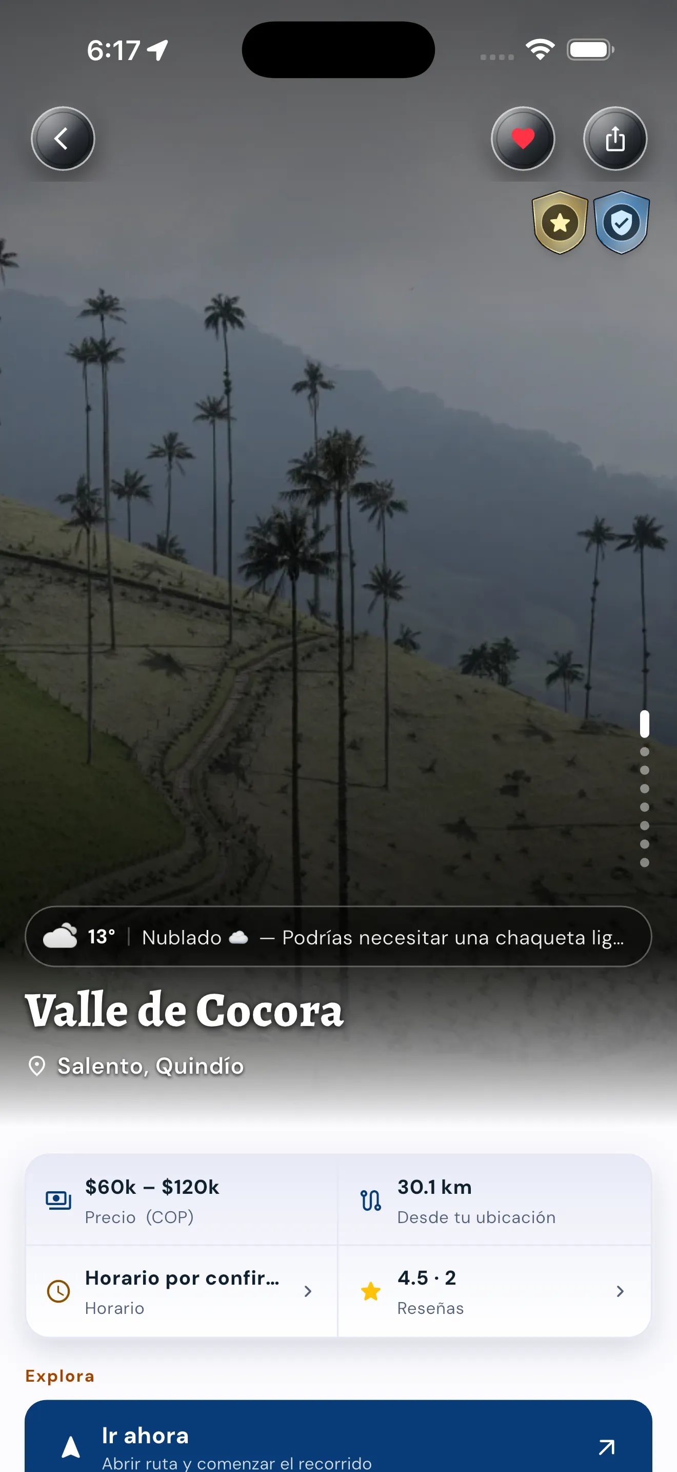 Ficha de un sitio turístico en la app Quindío es Mío
