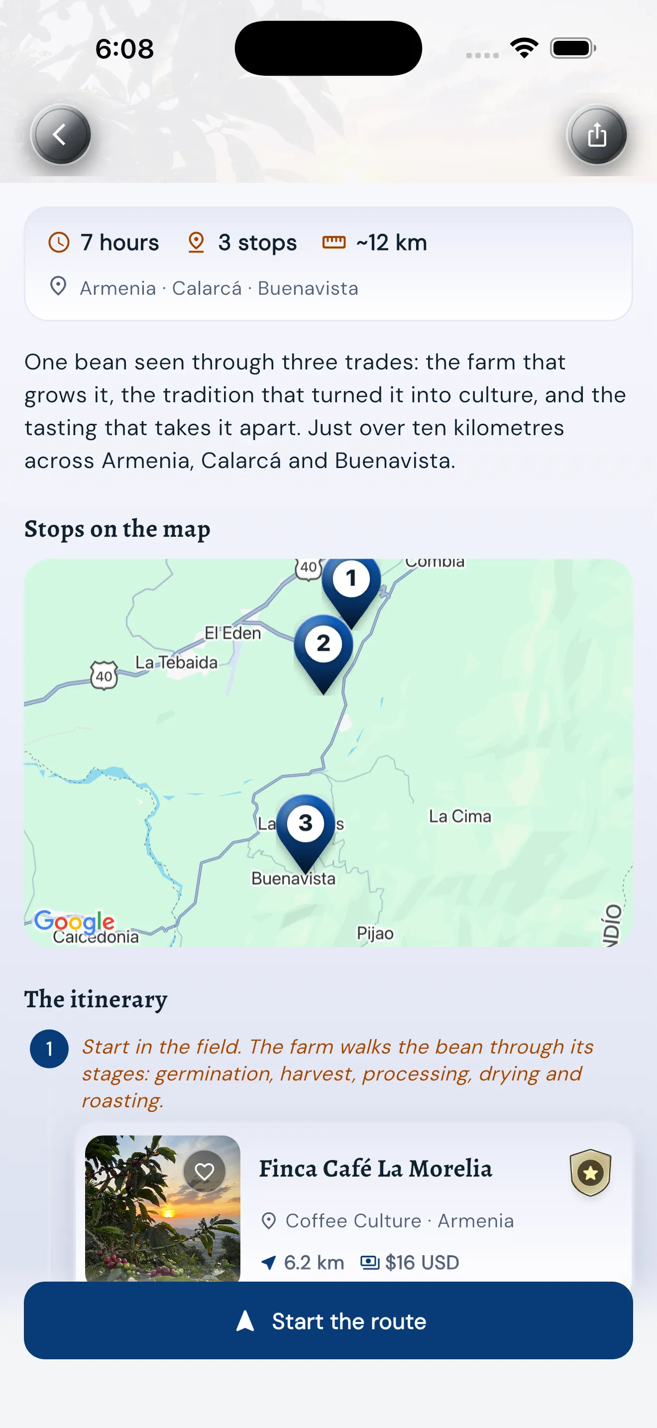Light view of an editorial route with its stops in the Quindío es Mío app