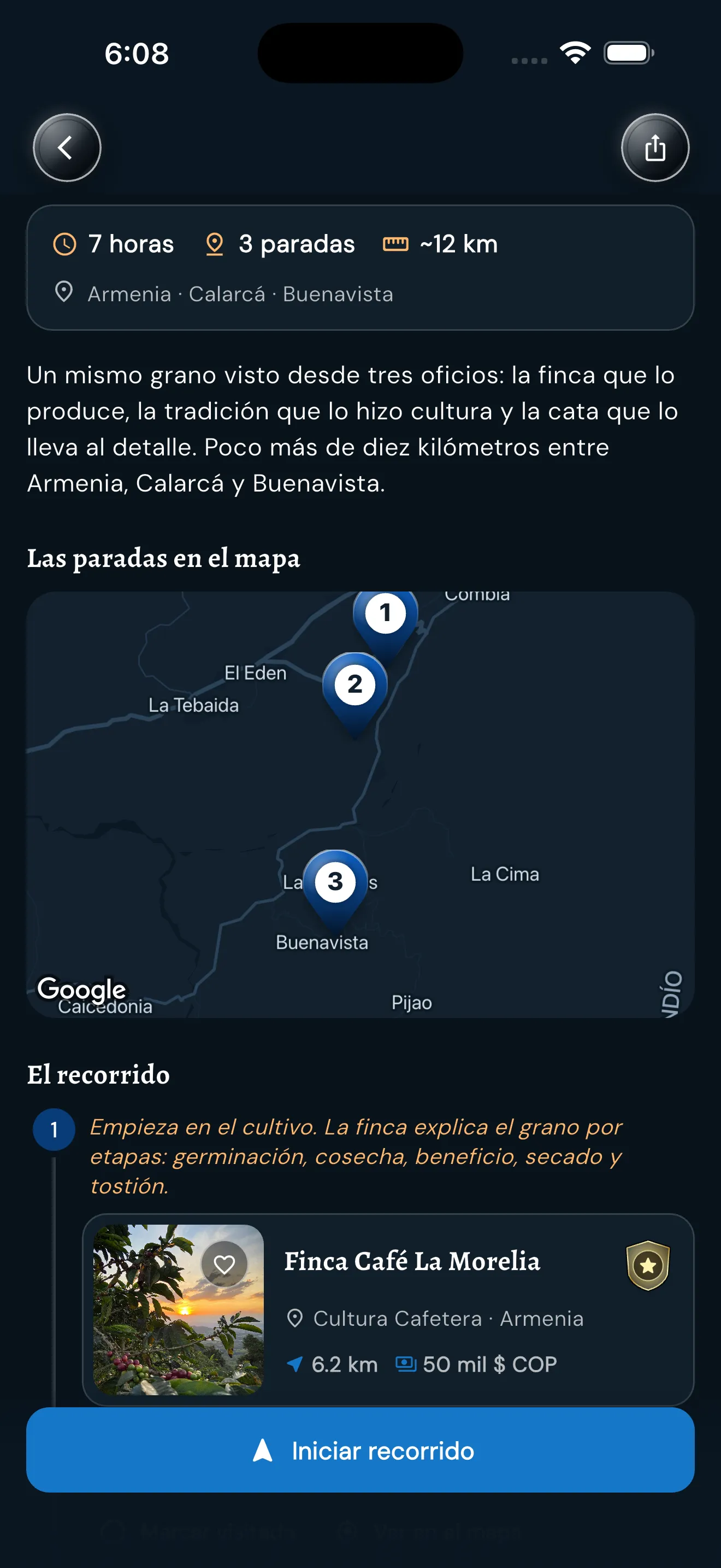 Vista oscura de una ruta editorial con sus paradas en la app Quindío es Mío