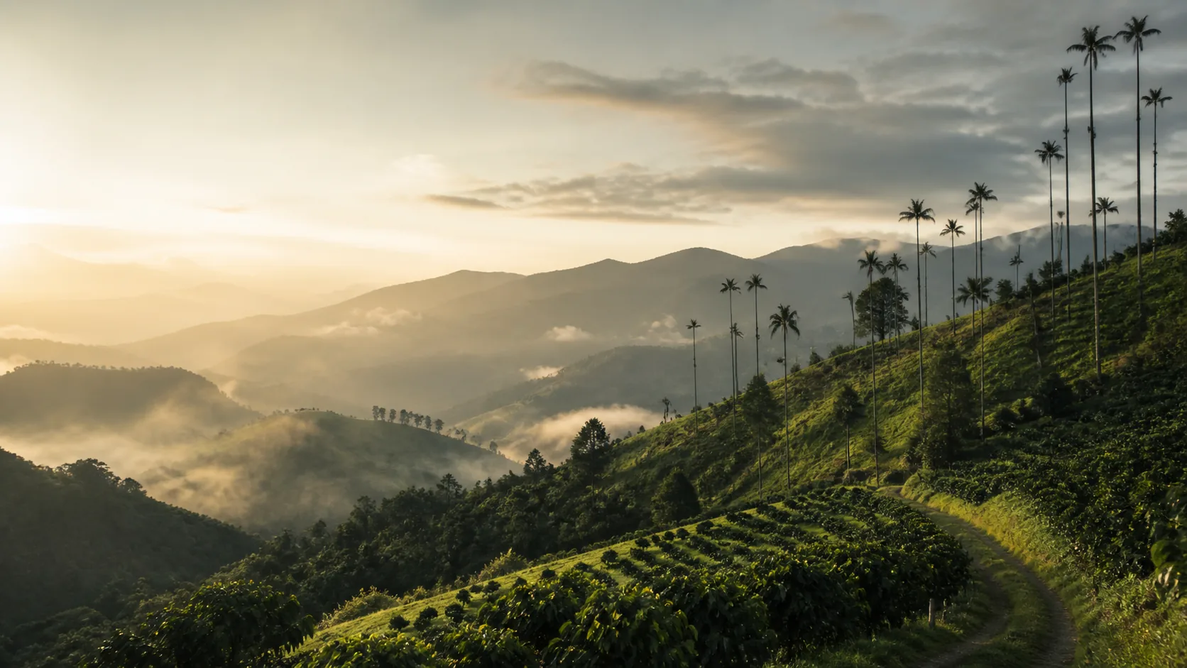 Palmas de cera sobre laderas cafeteras del paisaje quindiano.
